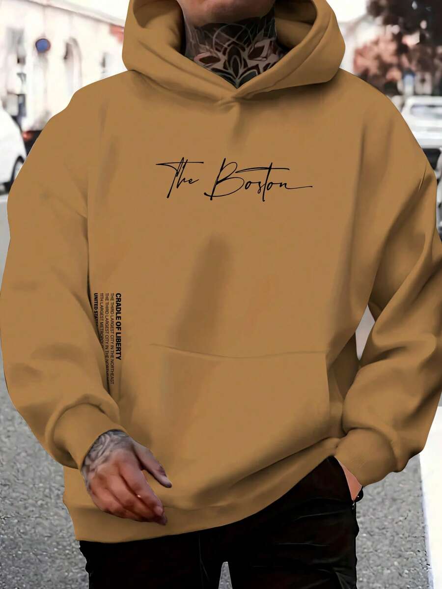 The Boston Men's Cotton Unisex Flannel Kangaroo Sweatshirt - 卡其色 - 查看 1