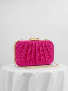 Pleated Satin Design Box Clutch Bag, Formal Party Bag, Evening Handbag, Formal Gown Bag, Dance Ball Chain Strap Clutch, Wedding Purse - Hot Pink - View 4