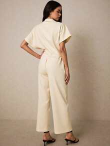 Set de 2 piezas de conjunto de pantalones y blusa con botones de unicolor para vacaciones - Beis - Ver 2