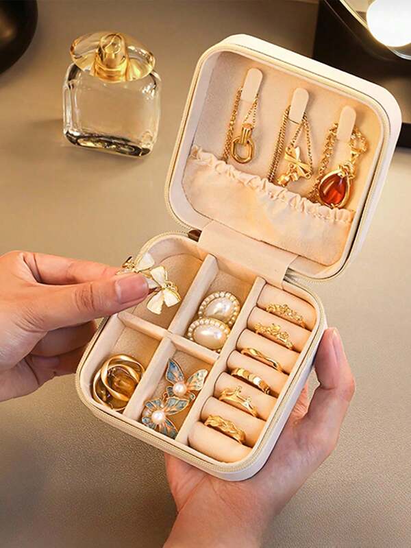 1pc PU Leather Jewelry Box, Double-Layer Travel Organizer With Zipper Closure, Multifunctional Portable Storage Case For Earrings/Rings/Necklaces/Bracelets, Essential Home & Travel Accessories, Perfect Mother's Day/Christmas/Women's Gift For Women Storage Organizer Travel Essentials Gift Back To School