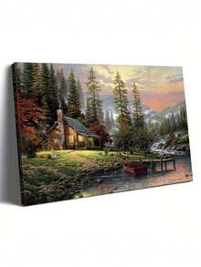 1pc Canvas Wall Arts Poster A Cabin By The Lake In A Lush Forest With A Warm Glow From The Windows, Perfect For Creating A Cozy And Inviting Atmosphere In Any Space, Optional Framed