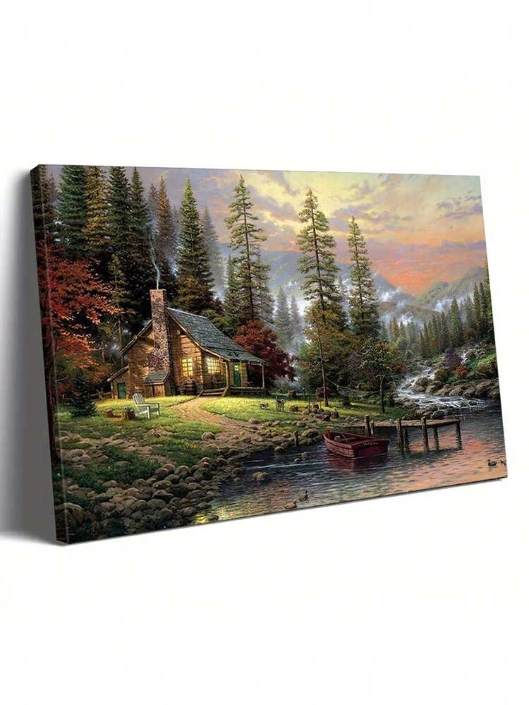 1pc Canvas Wall Arts Poster A Cabin By The Lake In A Forest With A Warm Glow From The Windows, Perfect For Creating A Cozy And Inviting Atmosphere In Any Space, Optional Framed - Multicolor - View 3