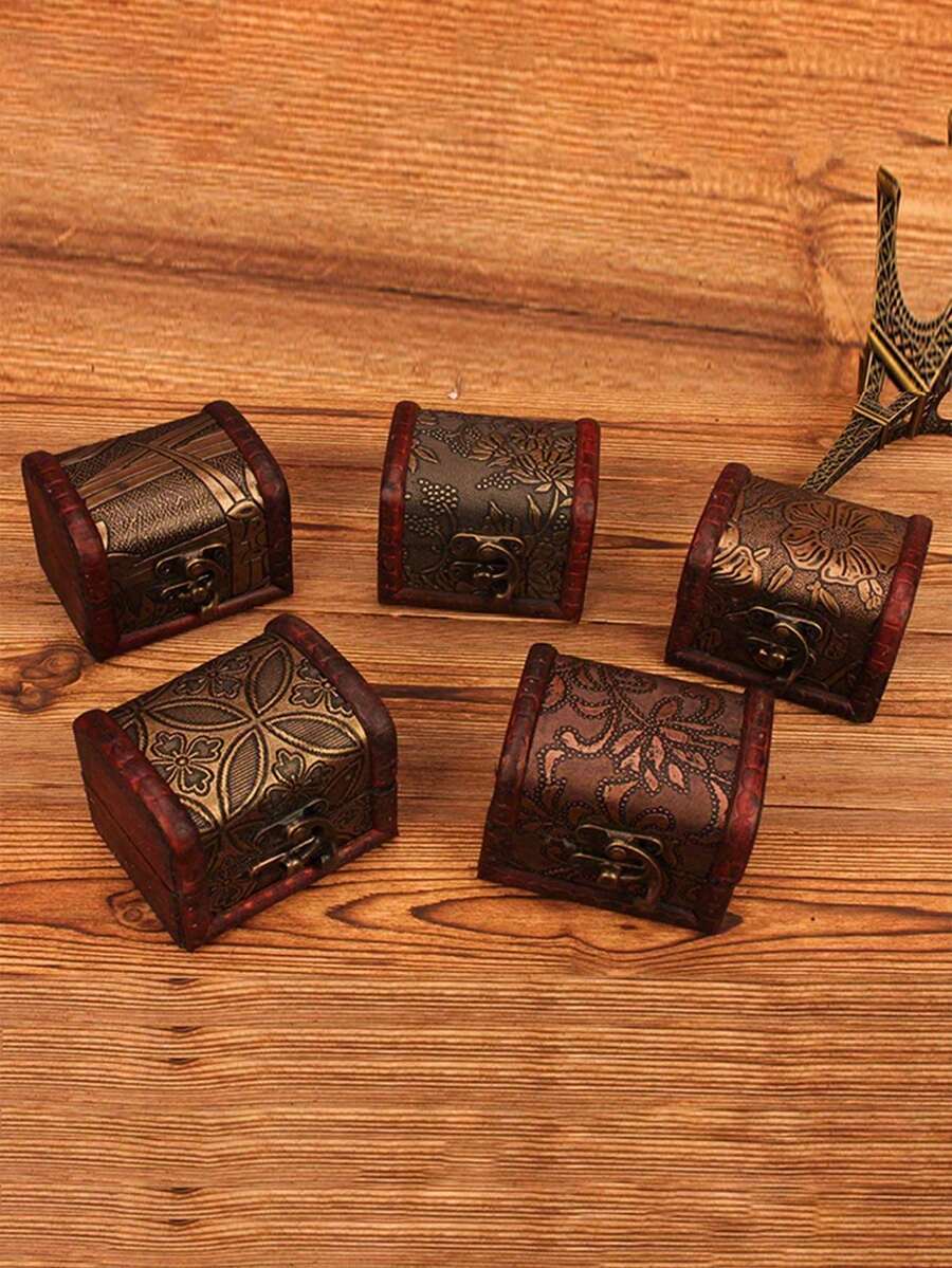 1pc Mini Antique Wooden Treasure Chest Jewelry Organizer Box, Decorative Storage Accessories With Lid For Rings, Necklaces, Earrings, Perfect Valentine's Day Gift, Christmas, Birthday, Holiday, Keepsake Box, Compact And Portable, Enhances Home Decor, Ideal For Women, Girls, Bridesmaids, Unique Gift Idea, Must-Have For Jewelry Lovers, High Conversion Keywords Included, Stylish And Practical, Adds Vintage Charm To Any Room. - Multicolor - View 1