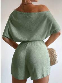 Tuta a girocollo a maniche corte in maglia a tinta unita con vita annodata, adatta per uso quotidiano, spiaggia, piscina, festa, uscita, appuntamento, festival musicale, casa - Colore giallo burro, abbigliamento donna, top stile Y2K, stile Y2K, streetwear, punk - Verde - Visualizzare 2