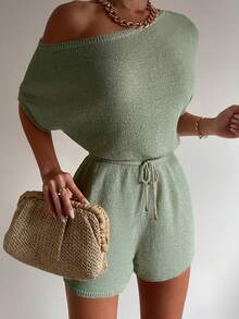 Tuta a girocollo a maniche corte in maglia a tinta unita con vita annodata, adatta per uso quotidiano, spiaggia, piscina, festa, uscita, appuntamento, festival musicale, casa - Colore giallo burro, abbigliamento donna, top stile Y2K, stile Y2K, streetwear, punk - Verde - Visualizzare 1