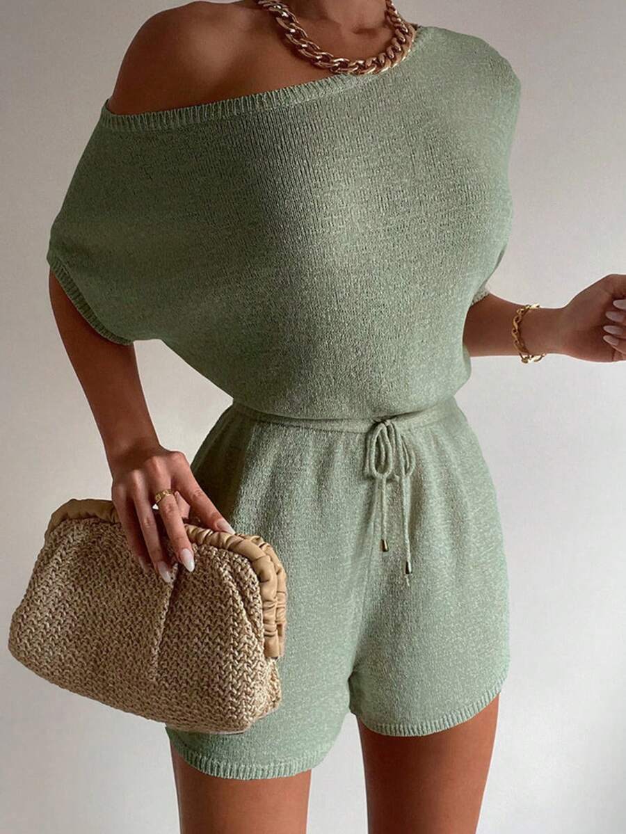 Tuta a girocollo a maniche corte in maglia a tinta unita con vita annodata, adatta per uso quotidiano, spiaggia, piscina, festa, uscita, appuntamento, festival musicale, casa - Colore giallo burro, abbigliamento donna, top stile Y2K, stile Y2K, streetwear, punk - Verde - Visualizzare 1