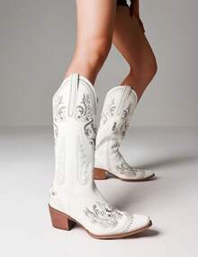 Embroidered Western Boots Chunky Heel Pointed Toe Glitter Shiny Country Style Slip-On Knee-High Boots Cowbgirl Boots For Women - 白色 - 查看 8