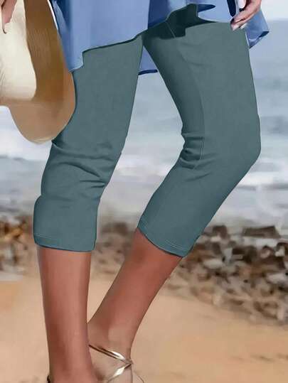 Comfort-Fit Capris Leggings - Versatile & Stretchy Crop Pants For Relaxing Spring & Summer Moments, Ideal For Curvy Women's Wardrobes