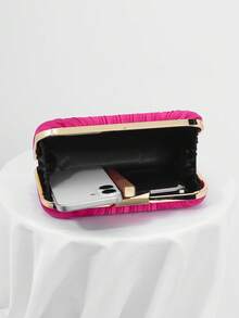 Pleated Satin Design Box Clutch Bag, Formal Party Bag, Evening Handbag, Formal Gown Bag, Dance Ball Chain Strap Clutch, Wedding Purse - Hot Pink - View 8