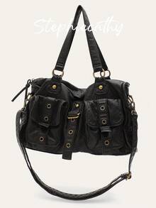 STEPHIECATHY Sac à main vintage pour femme  végétalien PU doux et lavé. Style de rue cool Y2K avec rivets, oeillets et ceinture. Grand sac à bandoulière à longue sangle avec grande capacité, convient pour un ordinateur portable de 13" et plusieurs poches. Idéal pour les déplacements quotidiens, les sorties et le collège. - Multicolore - Voir 10