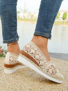 Pointy Toe Plain Color Bohemian Bowknot Wedge Platform Women's Slip-On Dress Shoes, Woven Hollow Out, Suitable For Party, Spring/Summer - Beige - View 3