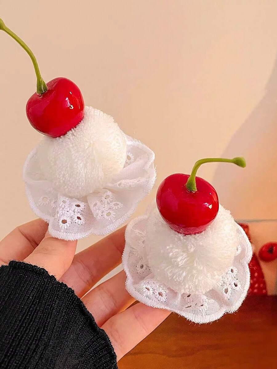 2pcs Cute Cherry Cake & Furry Pompom Lace Hair Clips, Teen Side Clamps Hair Accessories - Multicolor - View 1