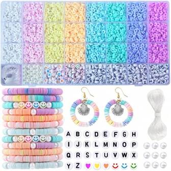 1500/2200/2700/3600 st. Macaron-färgad polymerlera pärlset för armband och halsbandstillverkning, platta pärlor och alfabetspärlor för kvinnors smycken DIY, elastiskt snöre och accessoarer av konstpärlor, lämplig för flickor, hantverk, högtider, festgåvor