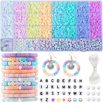 1500/2200/2700/3600pcs Macaron Color Polymer Clay Bead Set For Bracelet & Necklace Making, Flat Beads And Alphabet Beads For Women Jewelry DIY, Elastic Cord And Faux Pearl Accessories, Suitable For Girls Craft, Holiday, Party Gifts