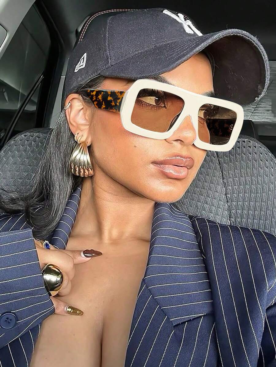 1pc Square Fashion Glasses Retro Personalized Versatile Men's And Women's Fashion Glasses Suitable For Daily Wearing, Street Photography, Vacation, Tourism, Beach Accessories - 白色 - 查看 1