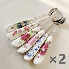 6/12件陶瓷柄不锈钢餐具套装，包含咖啡勺、冰淇淋/甜点勺、沙拉叉、创意花卉图案调味勺、下午茶餐具、厨房用品、学校用品