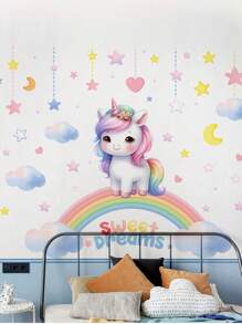 1pc Rainbow Unicorn Wall Sticker Durable Waterproof PVC Sticker Self-Adhesive Easy To Peel Suitable For Wall Stickers Bedroom Window Stickers Background Wall Decoration Living Room Home Decoration Make Your Home Refresh Holiday Decoration Stickers Birthday Graduation Gift