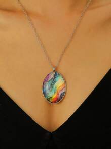 1 pièce Collier pendentif ellipse ciel étoilé coloré, accessoires de mode pour femmes, porter au quotidien et cadeau, été