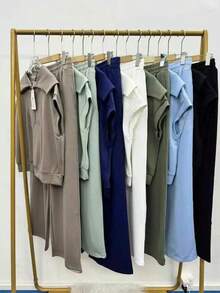 Conjuntos Elegantes para Dama Sudadera de Manga Corta con Cremallera y Pantalón flojo, Conjunto mujer de Fiesta Camiseta Sin Mangas y Pantalones Holgados, Conjuntos Casuales para Mujer de Manga corta y Pantalón Ropa ligera - Negro - Ver 6