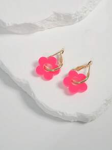 LADYCOCO 1 对时尚可爱紫红色亚克力五瓣花吊坠耳环，适合女性，适合约会、派对、礼物，三叶草设计 - 玫紅色 - 查看 5