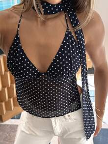 Women's Fashion Contrast Dot Cami Top With Deep V Backless Tie Strap Sheer Back - Black and White - View 4