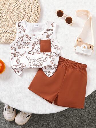 BrownBark 男婴可爱恐龙图案无袖套装（2件套），上衣+短裤，时尚休闲舒适，适合日常穿着和户外活动