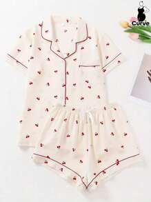 2pcs/Set Women Plus Size Lapel Collar Open Front Short Sleeve Top With Pocket Cherry Fruit & Bow Graphic Casual Comfort And Shorts Pajama Set, Loungewear