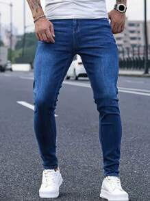 1pc Men Skinny Distressed Denim Jeans, Elastic Breathable Casual Cargo Pants With Pockets, Solid Color Suitable For Urban Walking, Family Outdoor Activities, All Season