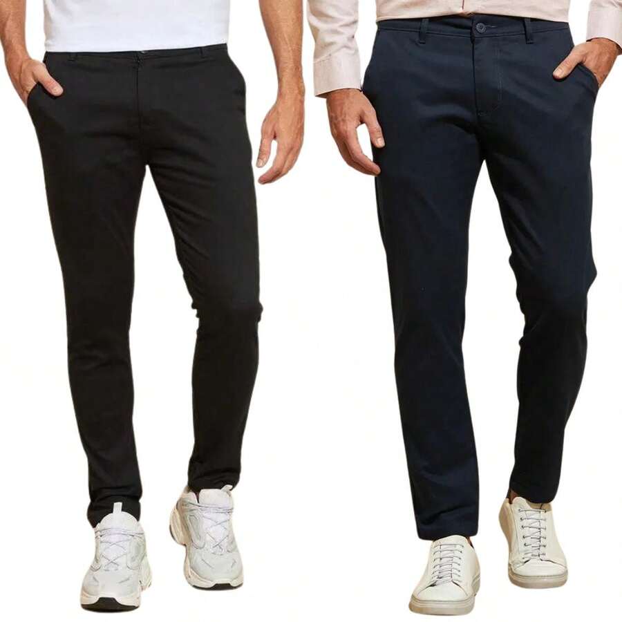 Kit 2 Black And Navy Blue Chino Twill Pants All Regular Fit Pocket Button Zipper - 黑色 - 查看 1