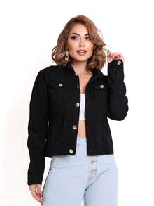 Women's Fashion Denim Jacket - Black - View 2
