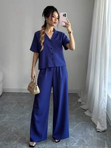 Set de 2 piezas de conjunto de pantalones y blusa con botones de unicolor para vacaciones - Azul Marino - Ver 3