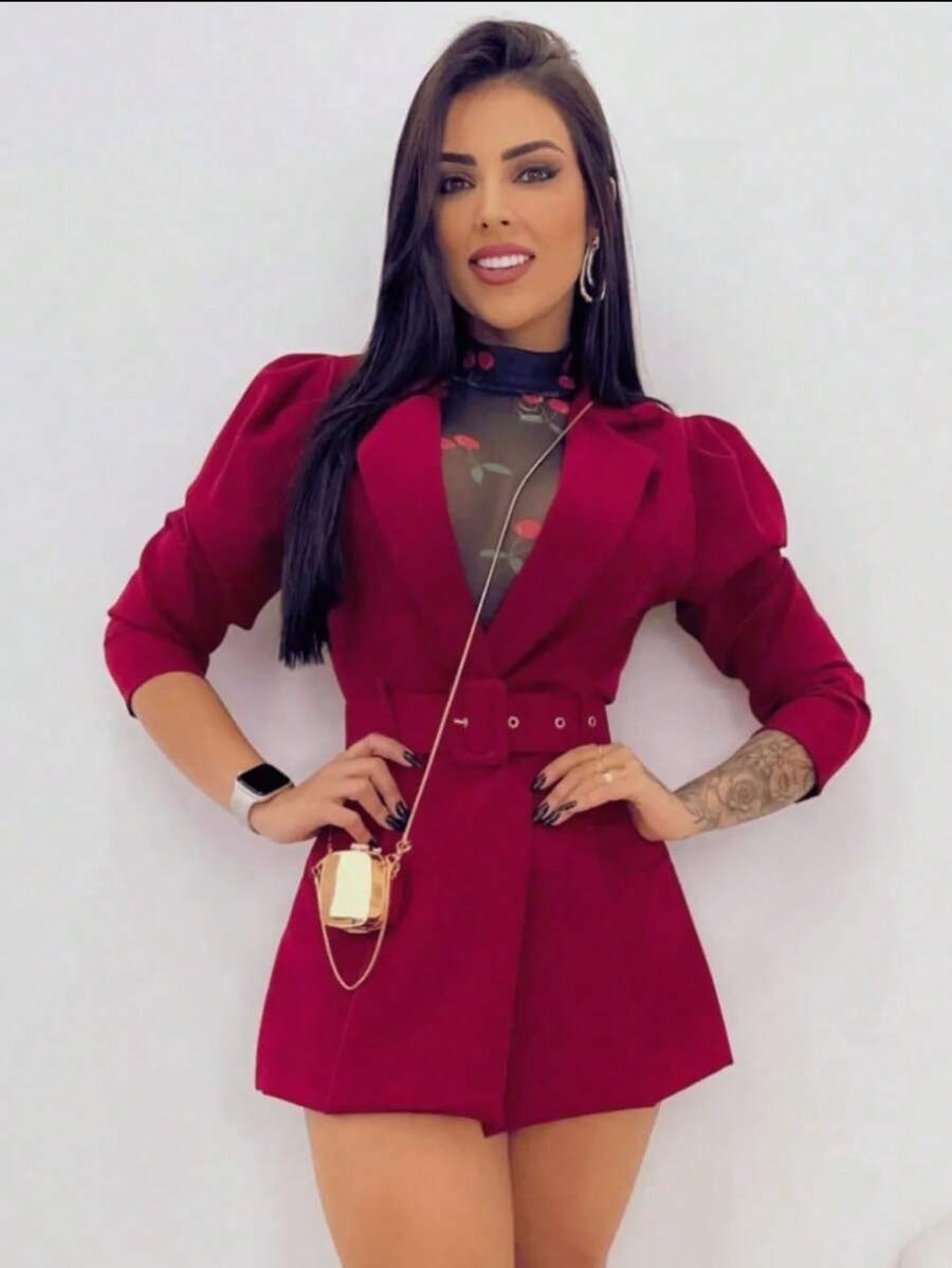 Women's Max Blazer With A Fitted Waist - Princess Style With Elegant Belt WOMEN'S BLAZER OVERALL OVERCOAT MAX - 酒紅色 - 查看 1