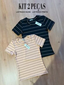 2 Striped T-Shirts - 裸色/黑色 - 查看 1