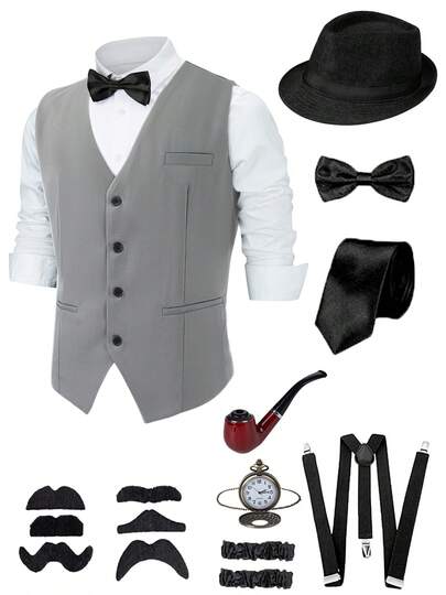 9Pcs/Set Men's 1920s Costume Set - Roaring 20s Flapper Outfit, Speakeasy Attire With Vest, Fedora Hat, Suspenders, Bow Tie, Vintage Accessories (Shirt Not Included)
