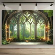 1 Decoración de fondo de fotografía de fibra de poliéster con ventana de catedral gótica en el bosque gótico, gran bandera de decoración de pared para estudio de fotografía, boda, cumpleaños, aniversario, hogar de las cuatro estaciones y decoración de evento del jardín