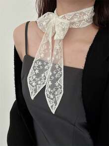 1条柔软优雅的蕾丝围巾，时尚植物刺绣围巾，适合办公室女士，可作腕带、发带、头巾、颈巾等，也可作连衣裙围巾。 - 白色 - 查看 2