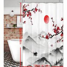 1件套日式樱花图案浴帘，亚洲风情浴室装饰，水彩樱花山峦图案，浴缸装饰，花卉浴室帘，家居浴室装饰，秋季装饰，浴室配件，返校季