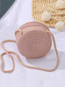女士时尚圆形编织斜挎包 - 手工编织草编单肩包，非常适合海滩度假，有卡其色、白色和奶油色可选，时尚手提包，波西米亚风格，拉链开合，沙滩包配件 - 彩色 - 查看 5