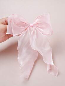 ROMWE Kawaii 1pc Sweet Pink Princess Style Mesh Bow Long Streamer Spring Clip, Elegant Gentle Elegant Half-Bun Hair Accessory, Pink Tone Accessories For Ladies, Campus Essential, Cute Bow Hair Clip - Pink - View 8