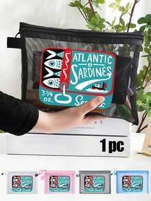 Mesh Large-Capacity Portable Cosmetic Bag With Cartoon Pattern, College Style Charger Storage Bag, Air Cushion Storage Portable Storage Bag, Cosmetic Bag, Cosmetic Storage Bag, Skin Care Product Bag, Travel Essentials, Dormitory Supplies