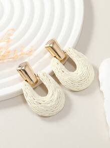 1 Pair Handmade Woven Raffia U-Shaped Bohemian Style Beige, Blue, Green, Purple Fashion Stud Earrings For Women, Suitable For Daily Wear