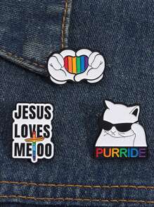 Juego de 3 Piezas Alfileres Esmaltados con Diseños LGBT, Gato Orgullo Gay, Corazón con Gestos de Mano y Lema "Jesús también me ama", Regalos Joyería Insignia para Solapa