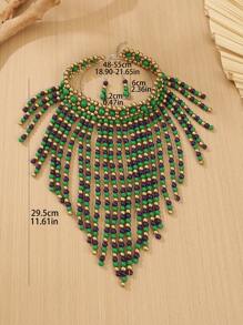 1 Set Di Collana e orecchini fatti a mano, a più strati, con nappine esagerate e perline, adatti per serate, vacanze, stile sud-est asiatico, bohémien, mediorientale, occidentale, retrò, raffinati