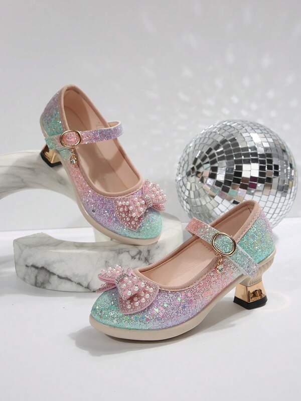 Girls' Mary Jane Shiny Bowknot Decor Princess Style Outdoor Dance Party Wedding Slip-On Pumps Shoes, Kids & Teens