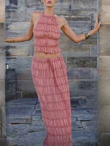 Women Y2k Two Piece Maxi Skirt Sets Beach Vacation Outfit Boho Sleeveless Ruched Halter Crop Cami Tops Backless Tank Tops And Long Swing Skirt Pleated Retro Tulle Chiffon Flowy Skirt Going Out Set 2 Piece Outfits Summer Holiday Party Outfit - 珊瑚粉 - 查看 2