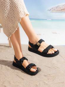 Women Flat Sandals Hook-And-Loop Fashion Summer Comfortable Outdoor Casual Sports Beach Sandals - 黑色 - 查看 4