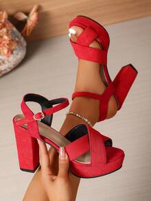 Spring/Summer Women's Fashion Comfortable Versatile Pointed Toe Black Suede Back Buckle High Platform Chunky Red Heel Sandals - Red - View 8
