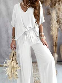 Women's Spring/Summer Clothing Solid Color V-Neck Bat Sleeve Casual Simple Loose Wide Leg Pants Set - 白色 - 查看 1