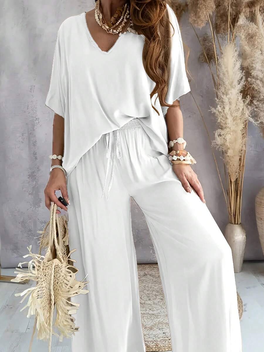 Women's Spring/Summer Clothing Solid Color V-Neck Bat Sleeve Casual Simple Loose Wide Leg Pants Set - 白色 - 查看 1