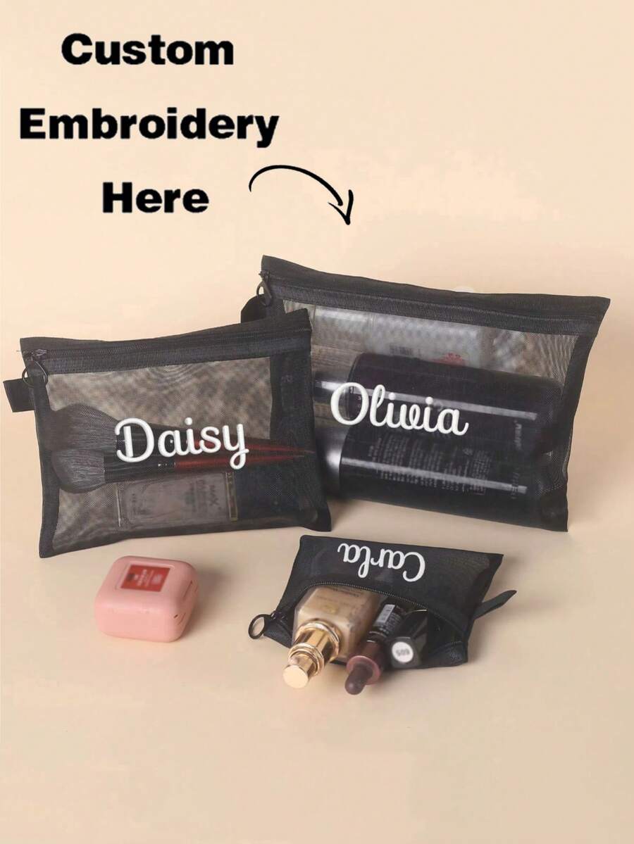 1 件定制刺绣网眼化妆包，透明拉链化妆袋，用于化妆和旅行必需品，旅行袋，用于日常洗漱用品，轻便便携的旅行收纳袋 - 彩色 - 查看 1
